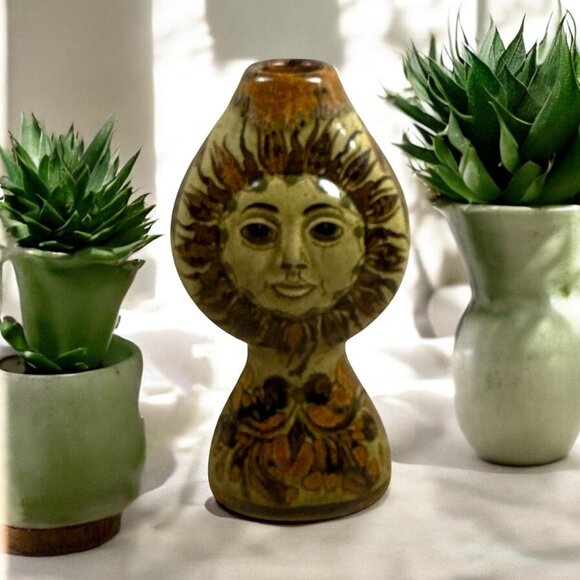 Vintage Tonala Sun Face Pottery Vase by Carlos Villanueva Mexico - Picture 1 of 8